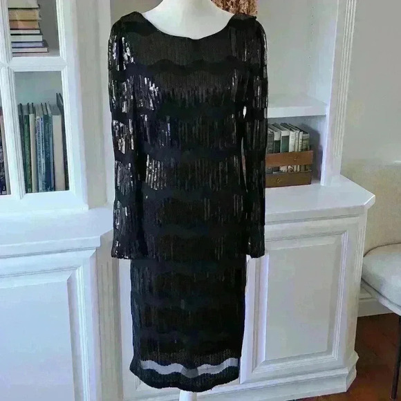 Nanette Lepore Wavy Sequin Stipped LS Dress - Color: Very Black - Size: 10 - Picture 1 of 11